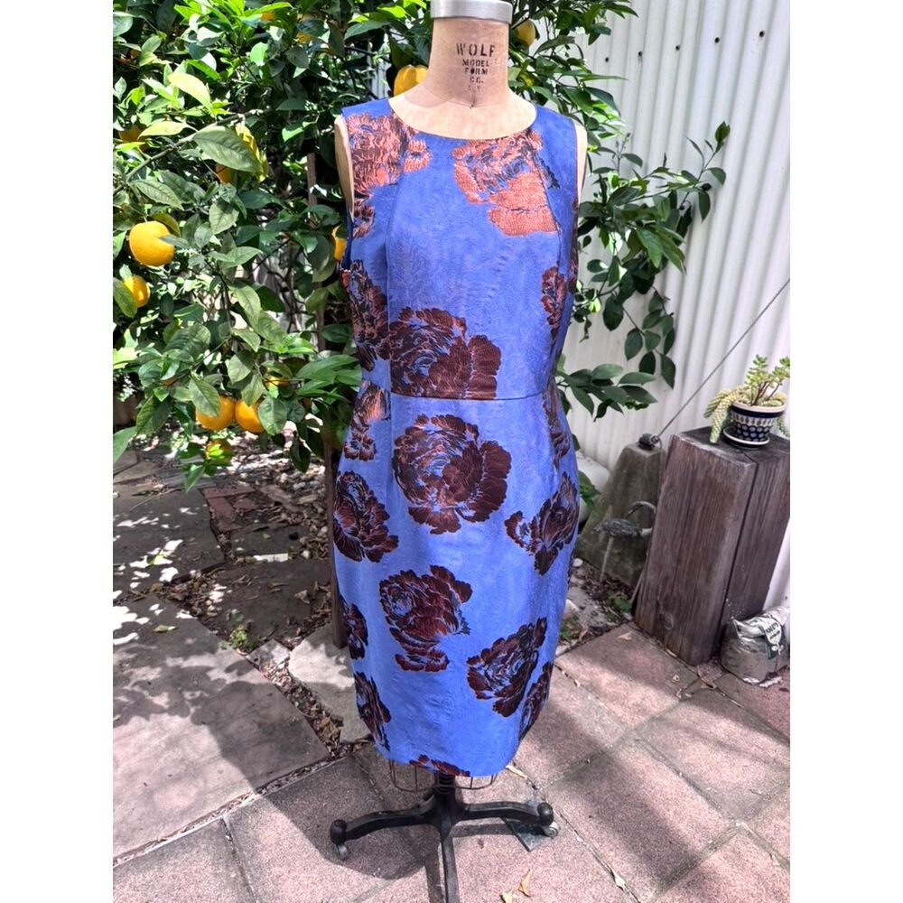 Anthropologie Leifsdottir Blue Metallic Bronze Brocade Fitted Midi Dress Size 14